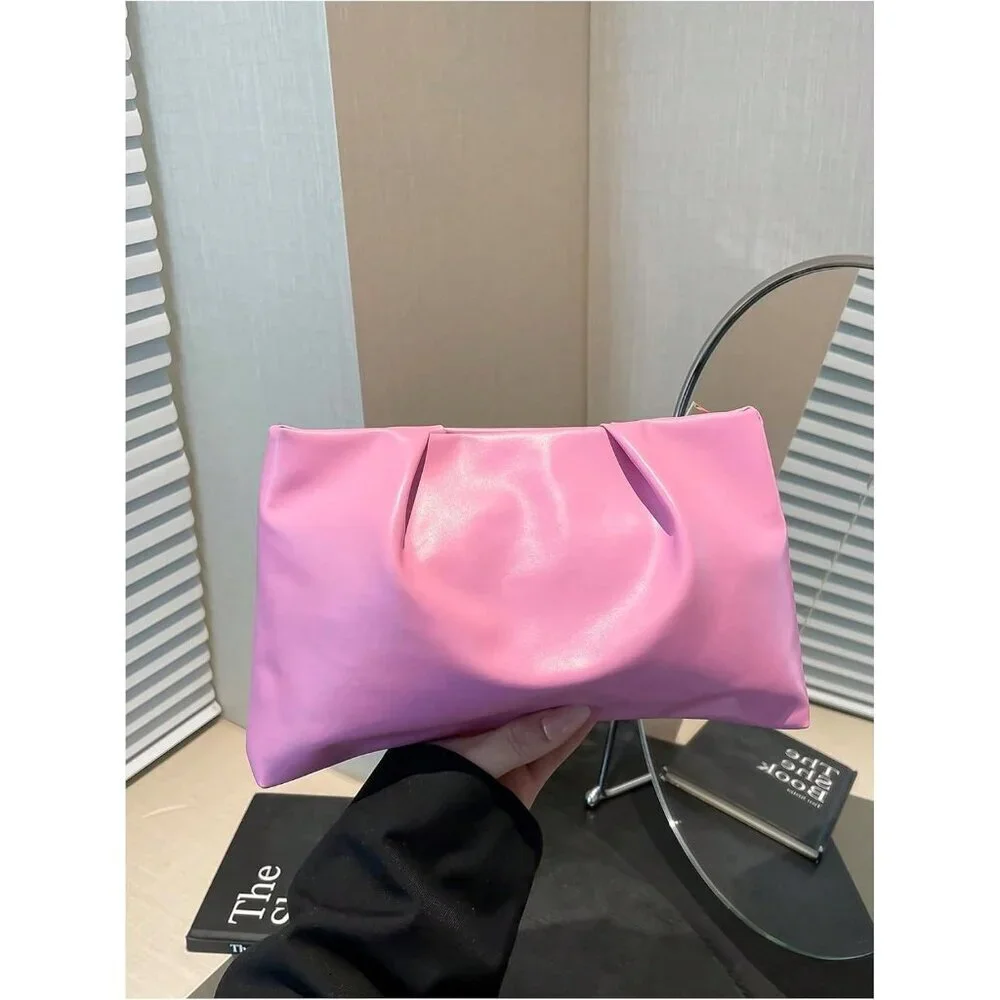 Women's Pink PU Leather Small Zipper Ruched Minimalist Smooth Casual Handbag
